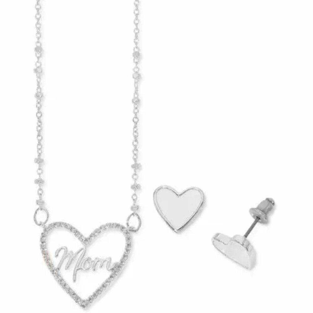 Cubic Zirconia Heart Pendant Necklace & Mother-of-Pearl Earrings in Silver-Tone